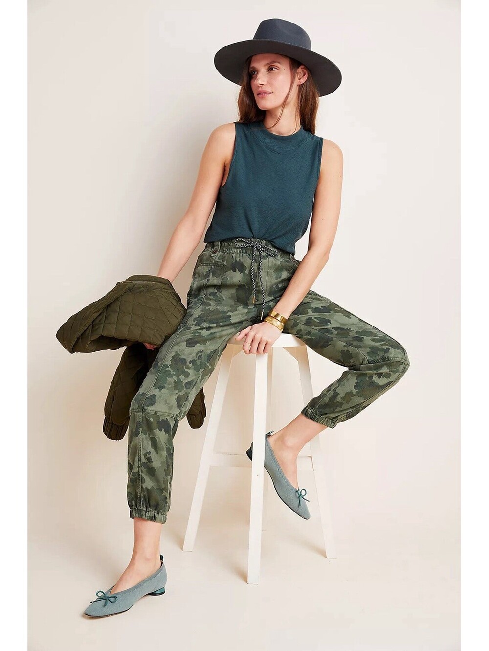 Anthropologie XS/30 Leda Utility Jogger Pants Green Camo Drawstring Comfort